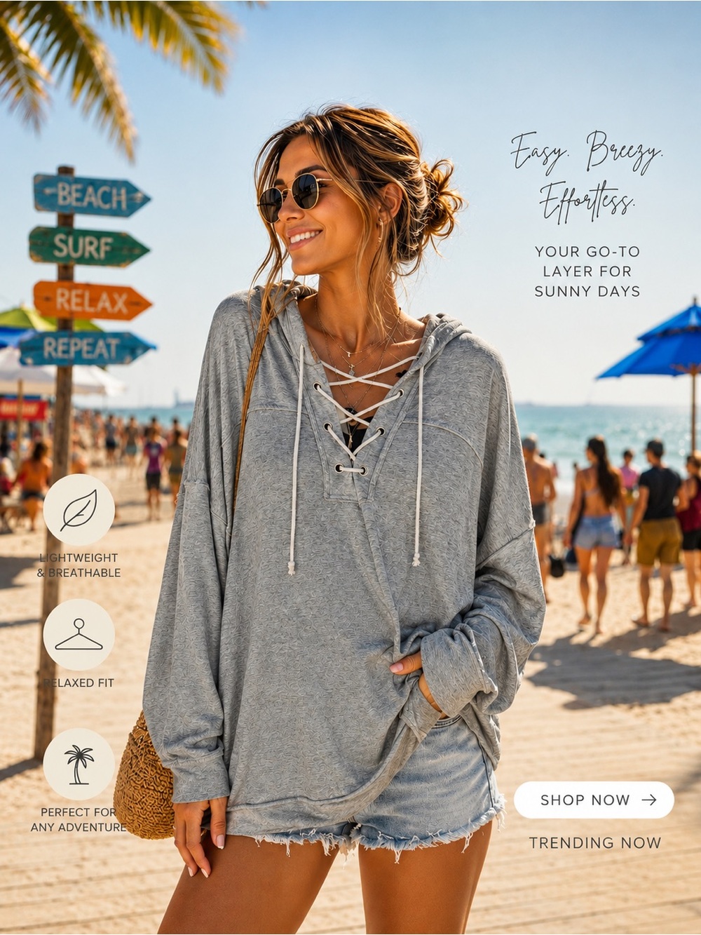 Gray Lace-Up Hooded Tunic Top Oversized Lightweight Beach Cover Up L